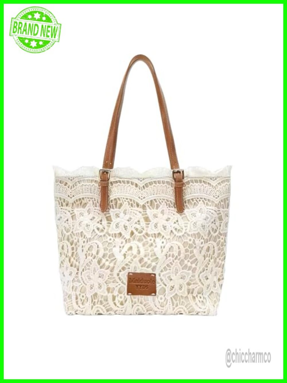 Lace Tote Bag with Leather Straps Magnetic Closure Adjustable Shoulder Women's